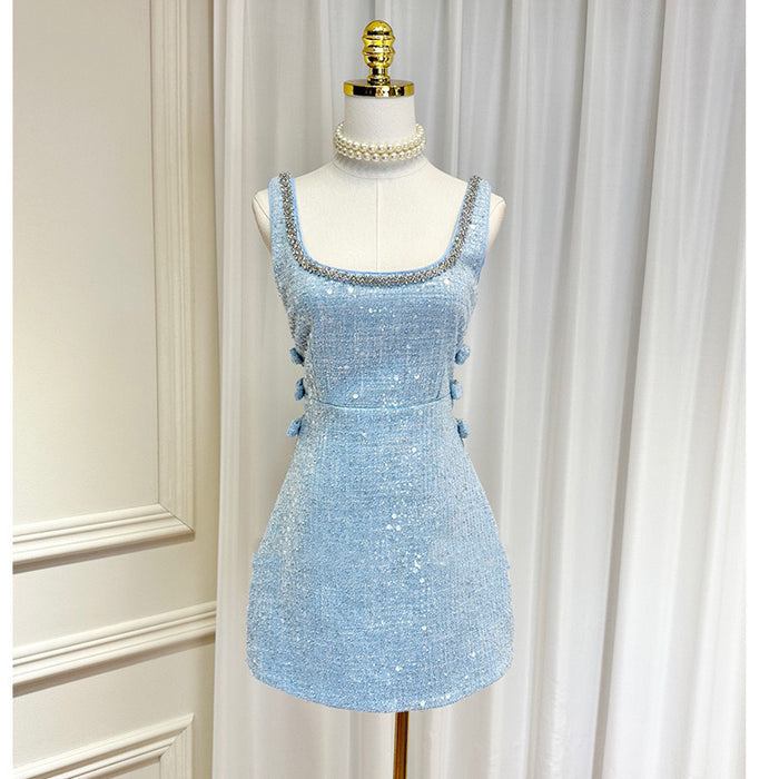 Light Blue Sequin Tweed 2-Piece Set for Women – Elegant Long Sleeve Cropped Jacket & High-Waisted Mini Dress