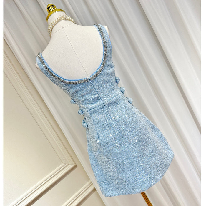 Light Blue Sequin Tweed 2-Piece Set for Women – Elegant Long Sleeve Cropped Jacket & High-Waisted Mini Dress