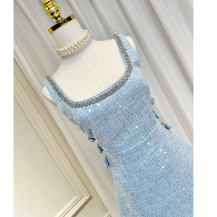 Light Blue Sequin Tweed 2-Piece Set for Women – Elegant Long Sleeve Cropped Jacket & High-Waisted Mini Dress