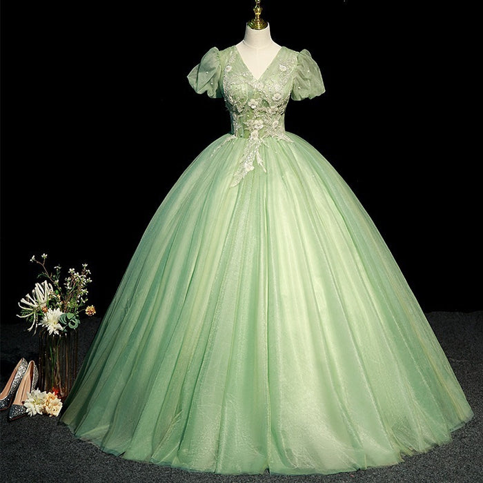 Light Green V-Neck Prom Dress with Sleeves | Puff Short Sleeve Lace Applique Evening Gown | Elegant Tulle Party Dress