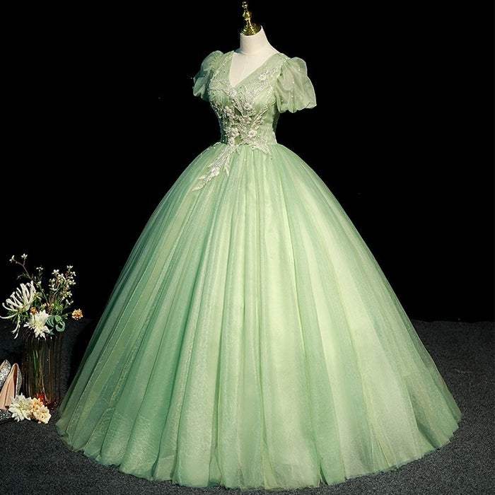 Light Green V-Neck Prom Dress with Sleeves | Puff Short Sleeve Lace Applique Evening Gown | Elegant Tulle Party Dress