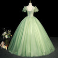 Light Green V-Neck Prom Dress with Sleeves | Puff Short Sleeve Lace Applique Evening Gown | Elegant Tulle Party Dress