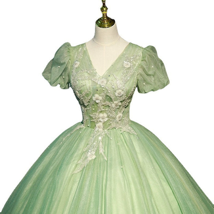 Light Green V-Neck Prom Dress with Sleeves | Puff Short Sleeve Lace Applique Evening Gown | Elegant Tulle Party Dress