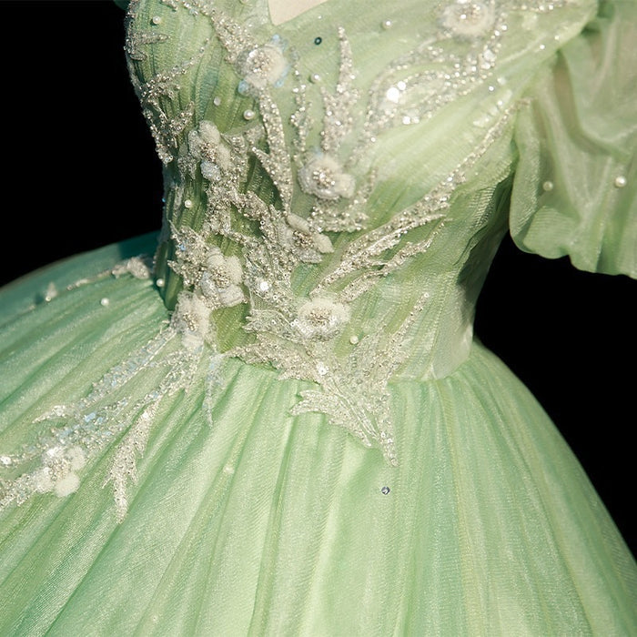 Light Green V-Neck Prom Dress with Sleeves | Puff Short Sleeve Lace Applique Evening Gown | Elegant Tulle Party Dress