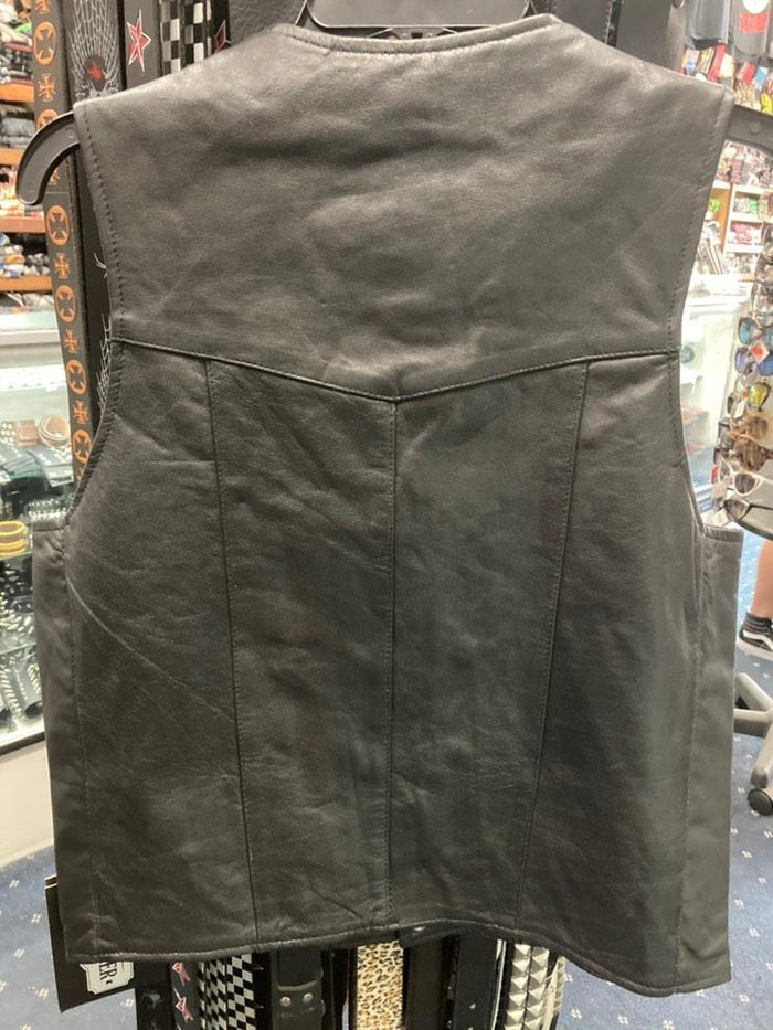 back view of Black real leather basic front button vest. Jacket has two front pockets and hidden gun pocket inside.