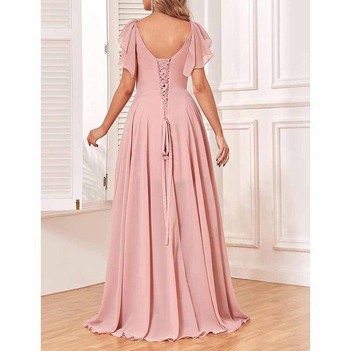 Long Bridesmaid Dresses Wedding Short Sleeve Formal Dress Chiffon Evening Gown