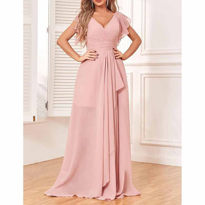 Long Bridesmaid Dresses Wedding Short Sleeve Formal Dress Chiffon Evening Gown