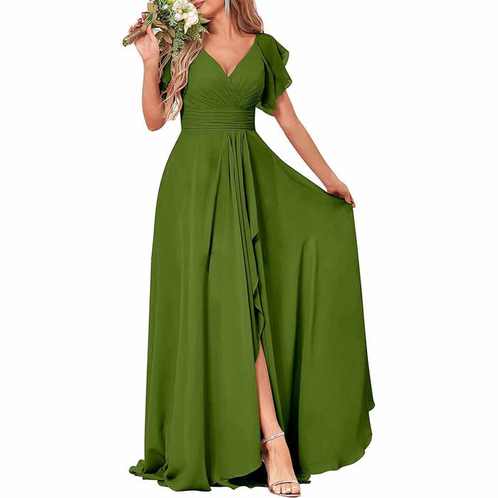 Long Bridesmaid Dresses Wedding Short Sleeve Formal Dress Chiffon Evening Gown