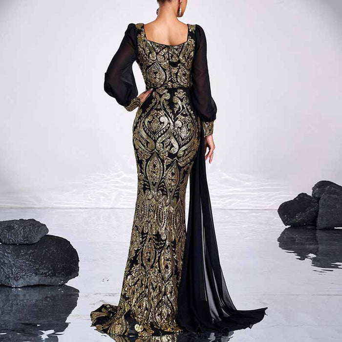 Long Sequin Prom Black & Gold Embroidered Gown with Ribbon