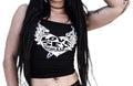 Model wearing a black tank top with white text that says 'LOVE SEX ROMANCE' on a white background