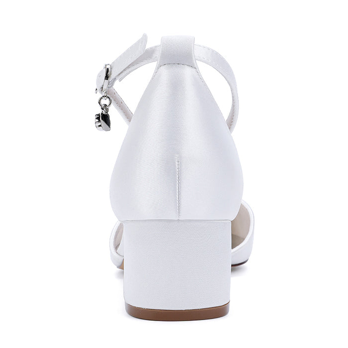 White low block heel wedding shoes women with ankle strap and sleek design for elegant bridal style