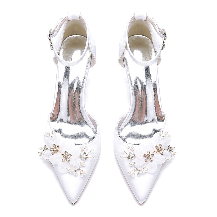 Elegant low block heel wedding shoes women with floral embellishments and ankle strap design