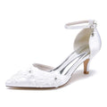 Low Heel Ankle Strap Wedding Shoes Pointed Toe Flower Appliqued Bridal Shoes