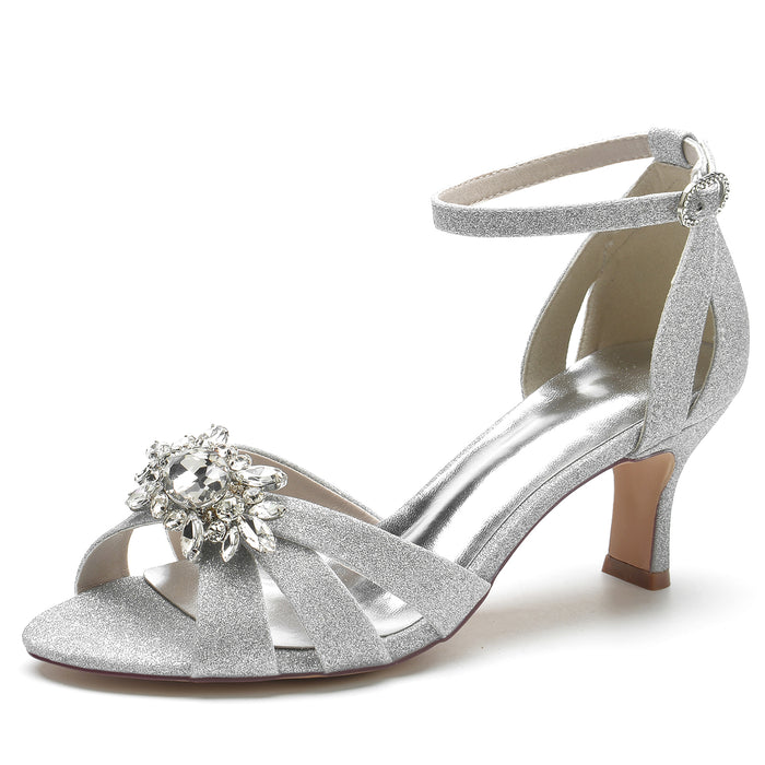 low heel glitter dress shoes for women with decorative rhinestone detail and ankle strap