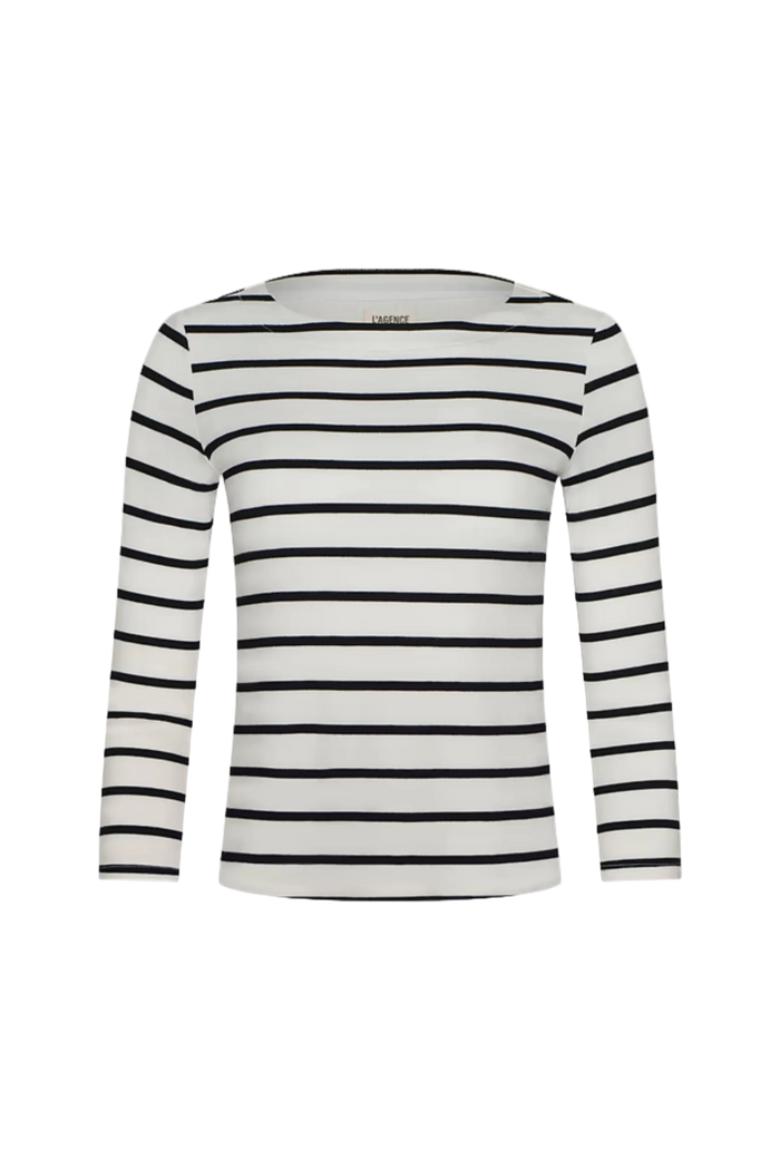 L'Agence Lucille Boatneck Top in ivory and black stripe