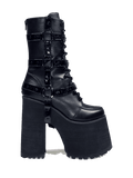 Black vegan leather super tall 6" heel boot with black vegan patent leather O ring straps on the side, black enamel hardware and EVA bottom. Boot has full lace-up front and full back zipper.