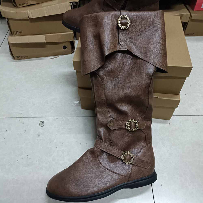 Brown medieval renaissance flat boots with decorative buckles and fold-over design for a historic look