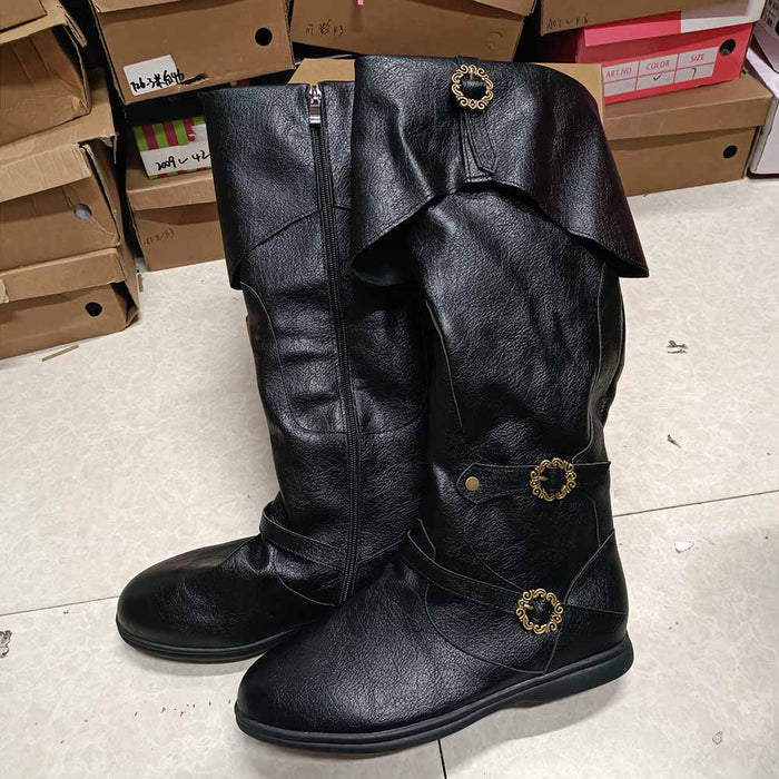 Black medieval renaissance flat boots featuring decorative buttons and a stylish fold-over design