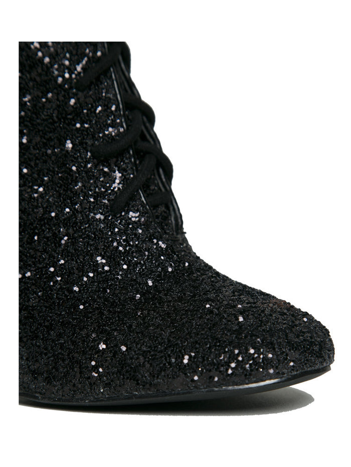 front view of Black glitter lace up front bootie boot.