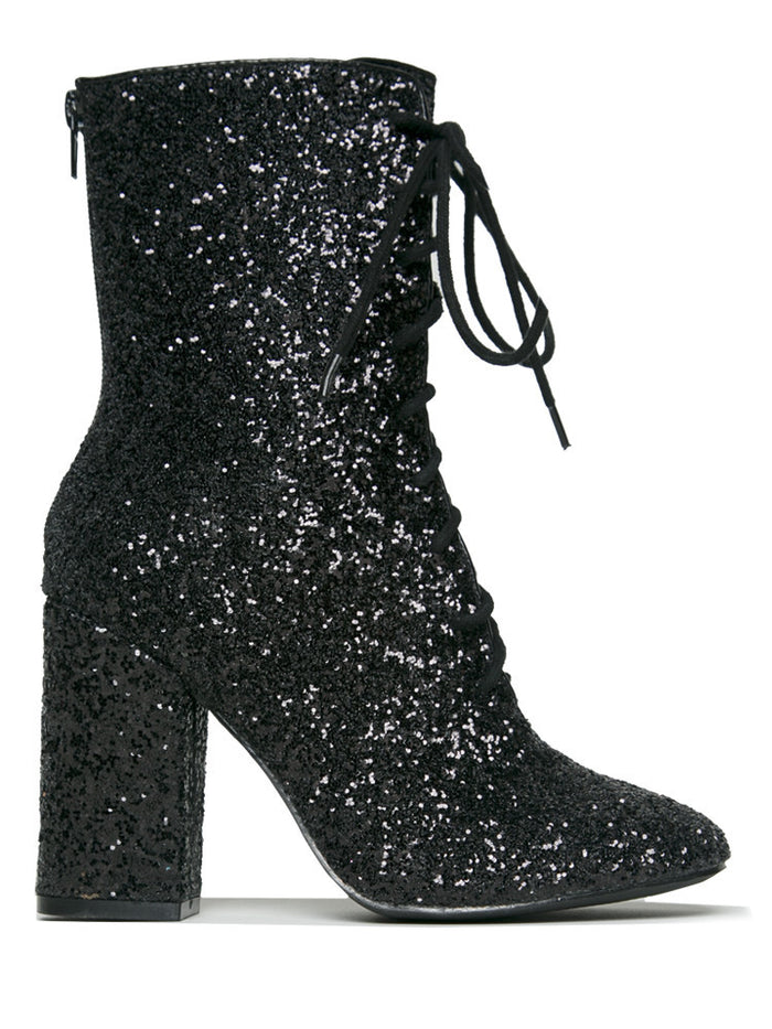Outer view of Black glitter lace up front bootie boot.