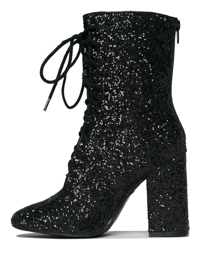 Outer view of Black glitter lace up front bootie boot.