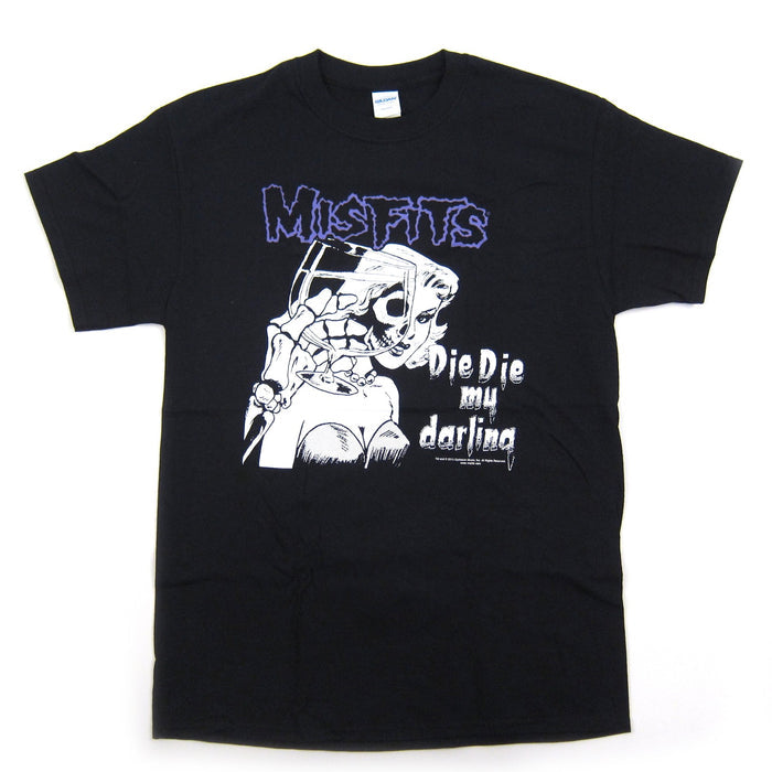 (front side of shirt) black unisex misfits shirt with purple logo on top and die, die my darling single album art cover in middle