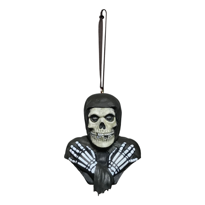 classic misfits fiend white skeleton bust with black hood and skeleton hands crossed on chest. has attached black ribbon for hanging
