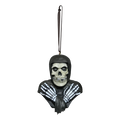 classic misfits fiend white skeleton bust with black hood and skeleton hands crossed on chest. has attached black ribbon for hanging