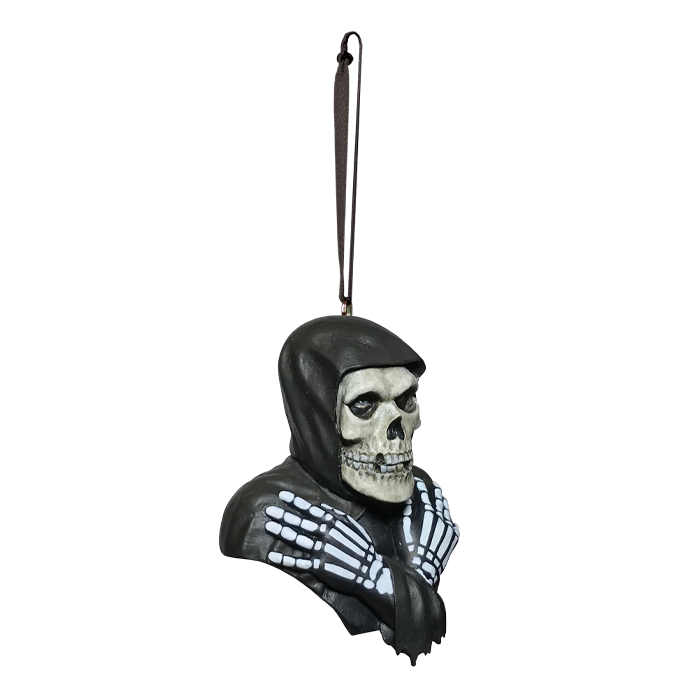 classic misfits fiend white skeleton bust with black hood and skeleton hands crossed on chest. has attached black ribbon for hanging