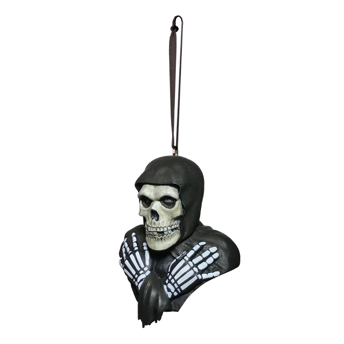 classic misfits fiend white skeleton bust with black hood and skeleton hands crossed on chest. has attached black ribbon for hanging