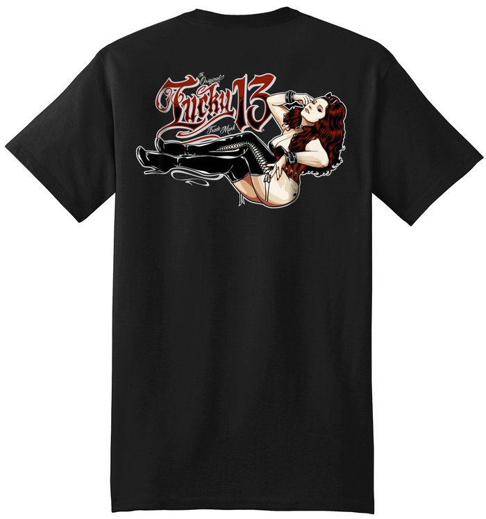 back of Black Lucky 13 t-shirt with a full back screen print of the "Miss La Roux" graphic and a front left chest print to match.