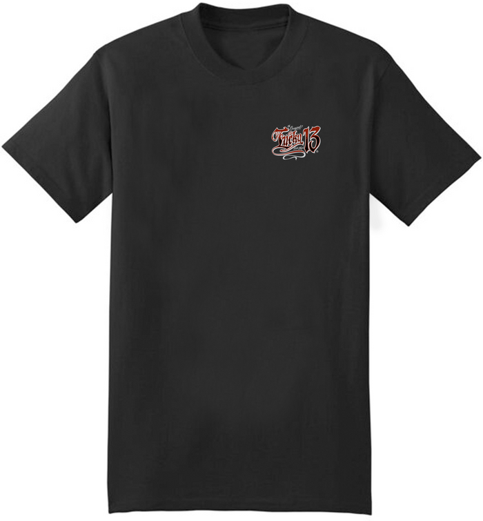 front of Black Lucky 13 t-shirt with a full back screen print of the "Miss La Roux" graphic and a front left chest print to match.