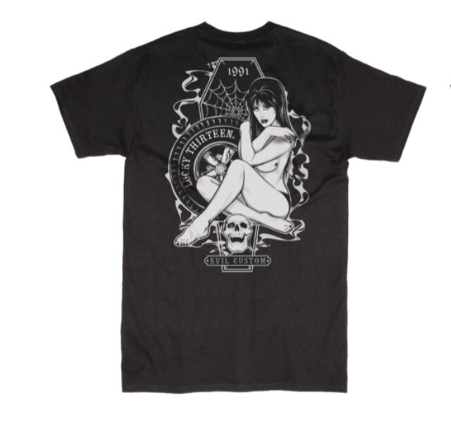 back of Black Lucky 13 t-shirt with a full back print of our beautiful "Miss Trust" pin-up ghoul and a front left chest pocket print to match.