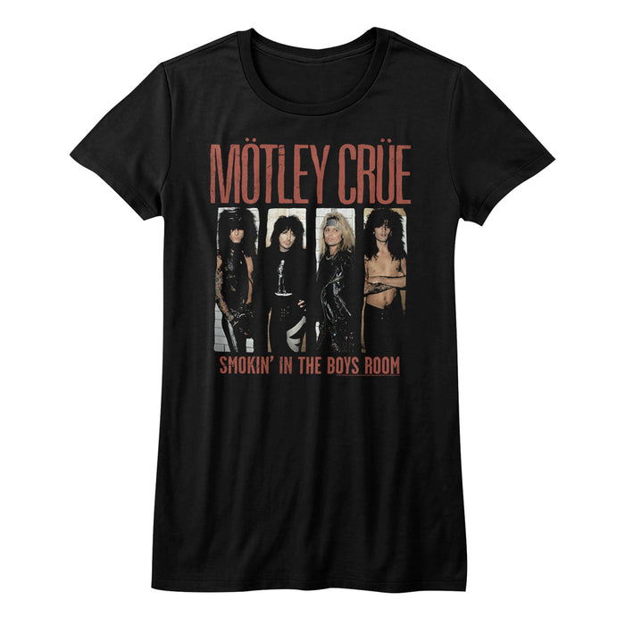 women's black motley crue shirt with picture of band leaning up against white brick wall with text that reads "smokin' in the boys room"