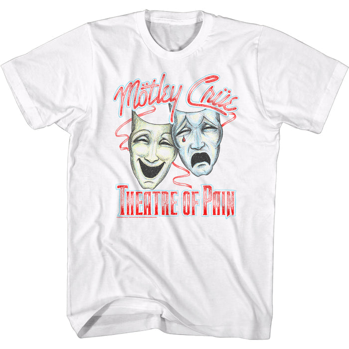 white unisex motley crue shirt with logo and happy/sad theatre of pain masks with text that reads "theatre of pain"
