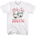 white unisex motley crue shirt with logo and happy/sad theatre of pain masks with text that reads "theatre of pain"