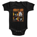 black motley crue onesie with logo and fire and wire band photo collage