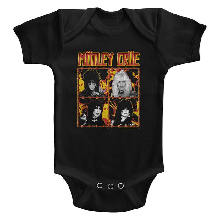 black motley crue onesie with logo and fire and wire band photo collage