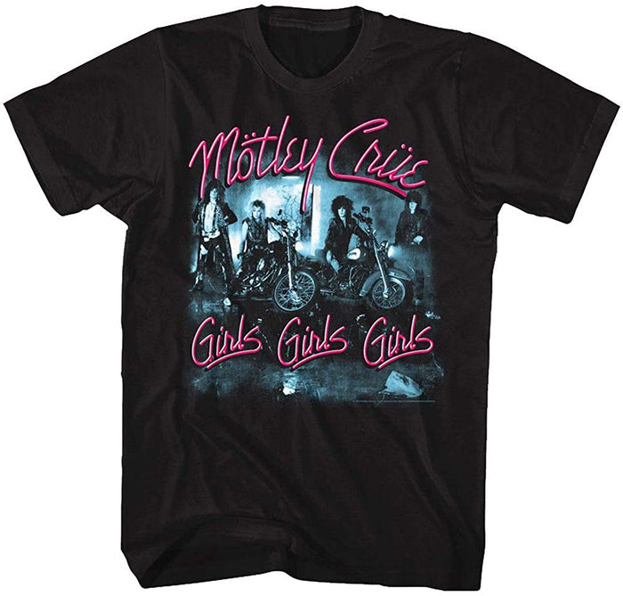 black unisex motley crue sleeveless muscle cut shirt with logo and girls girls girls album cover art and text that reads "girls girls girls"