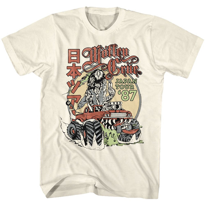 natural white unisex motley crue shirt with logo and japan tour flyer graphic with text that reads "japan tour '87" along with japanese logo