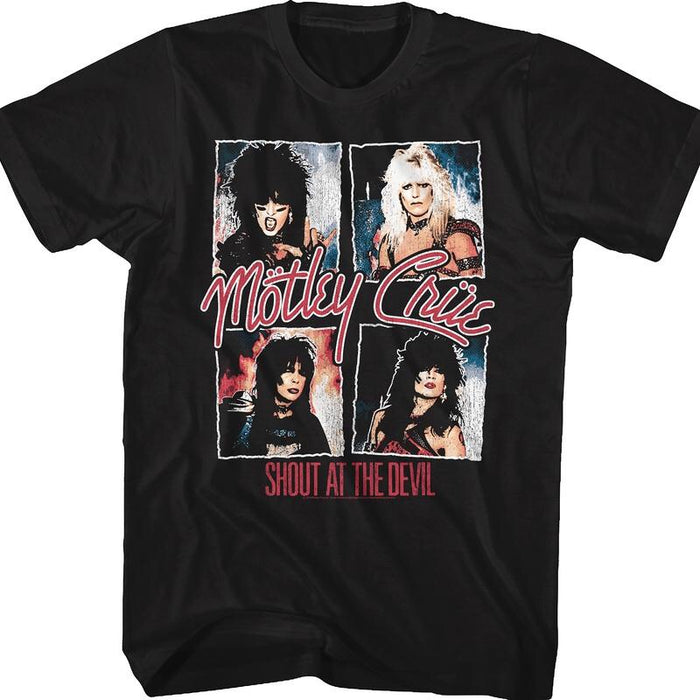 black unisex motley crue shirt with logo and shout at the devil album cover art and text that reads "shout at the devil"