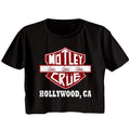women's black motley crue cropped half shirt with motley crue girls girls girls logo and text that reads "hollywood, ca"