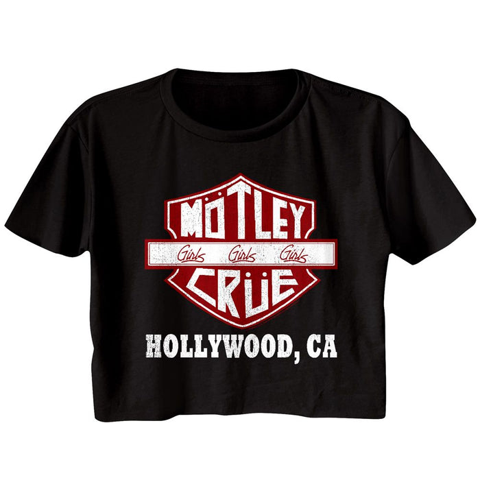 women's black motley crue cropped half shirt with motley crue girls girls girls logo and text that reads "hollywood, ca"