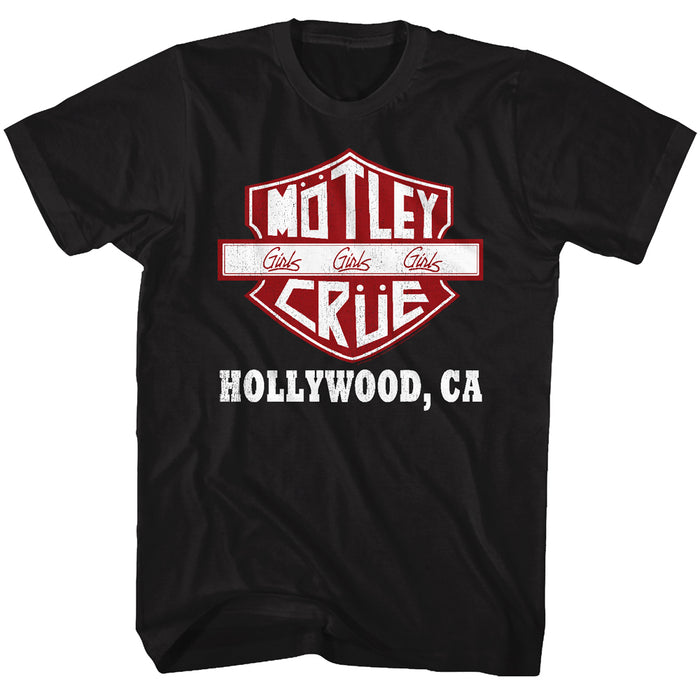 black unisex motley crue shirt with motley crue girls girls girls logo and text that reads "hollywood, ca"