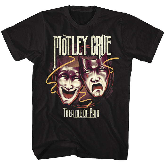 black unisex motley crue shirt with logo and theatre of pain happy sad masks and text that reads "theatre of pain"