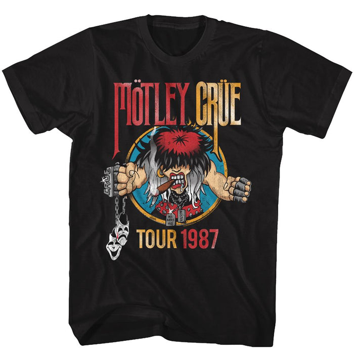 black unisex motley crue shirt with logo and 1987 tour graphic with text that reads "tour 1987"