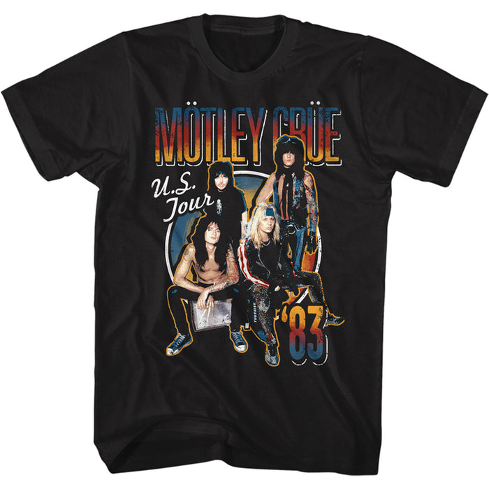 black unisex motley crue shirt with logo and us tour poster 1983 with text that reads "u.s. tour '83"