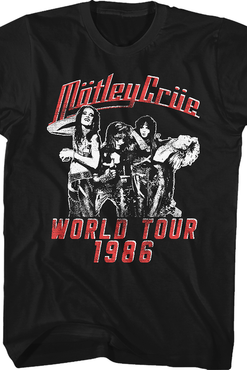 black unisex motley crue shirt with logo and world tour 1986 poster graphic with text that reads "world tour 1986"
