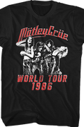 black unisex motley crue shirt with logo and world tour 1986 poster graphic with text that reads "world tour 1986"