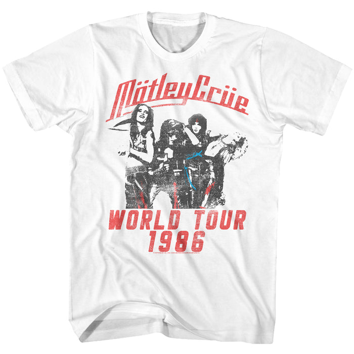 white unisex motley crue shirt with logo and world tour 1986 poster graphic with text that reads "world tour 1986"